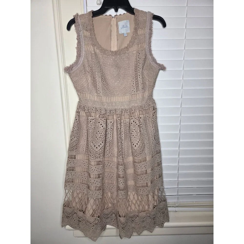 Mod Cloth XS Lace Sleeveless Beige Dress tan crochet lined wedding croquet - Picture 1 of 7
